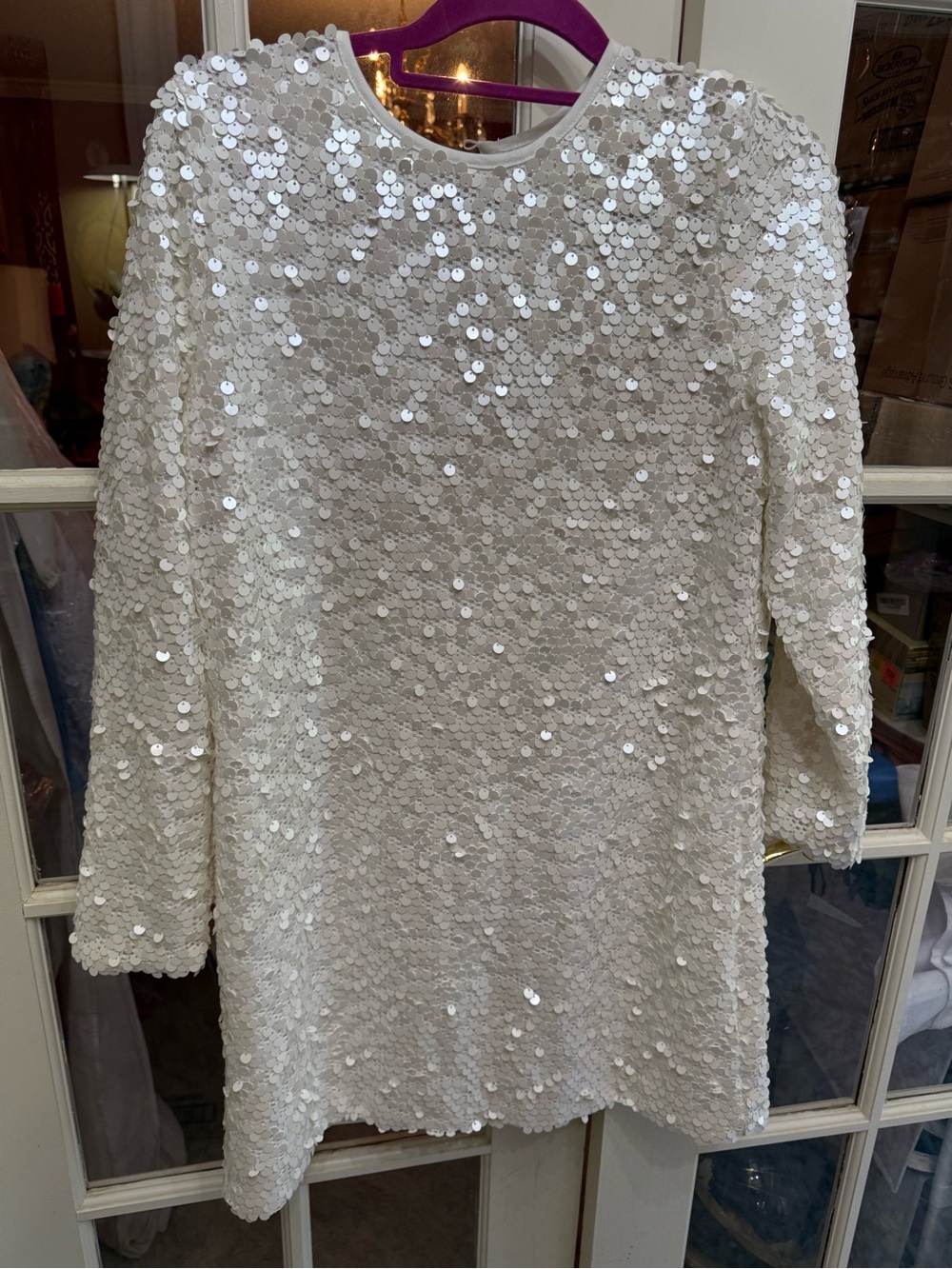 White Sequin Midi Dress with Long Sleeves